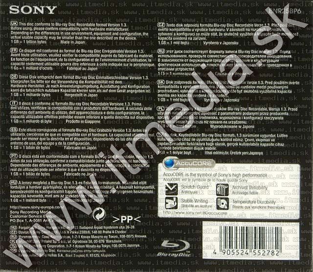 Image of SONY BluRay BD-R 6x *Printable* (1 layer) normaljc 25GB (IT4571)