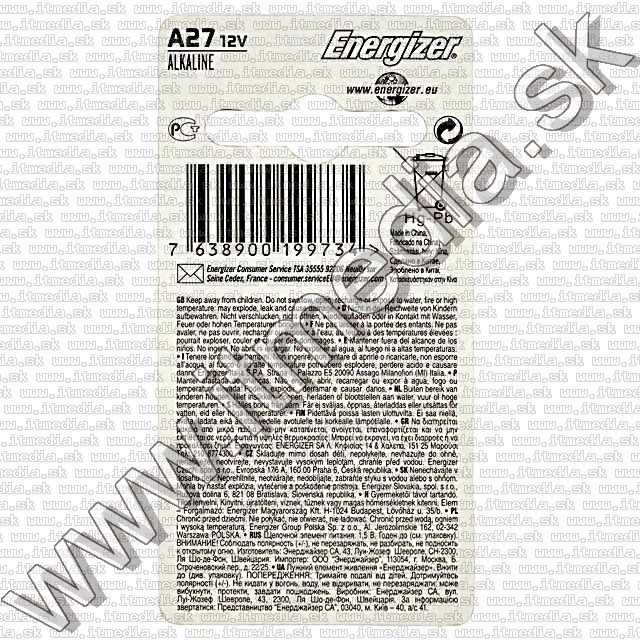 Energizer 12V alkaline battery *A27S* (IT7292) Image of Energizer 12V alkaline battery *A27S* (IT7292)