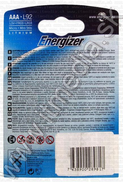 Image of Energizer Ultimate Lithium Battery 4xAAA FR03 LR03 (IT5803)