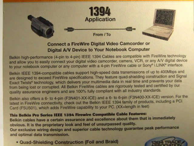 Image of Belkin FireWire ILink IEE1394 Cable 4-4pin (IT3756)