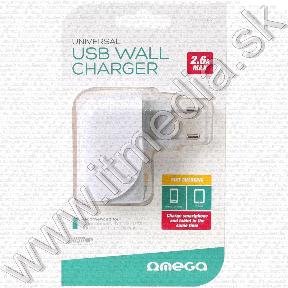 Image of Omega Univerzális Telefon Gyorstöltő USB 2600mA *Fehér* 230V (43126) (IT11896)