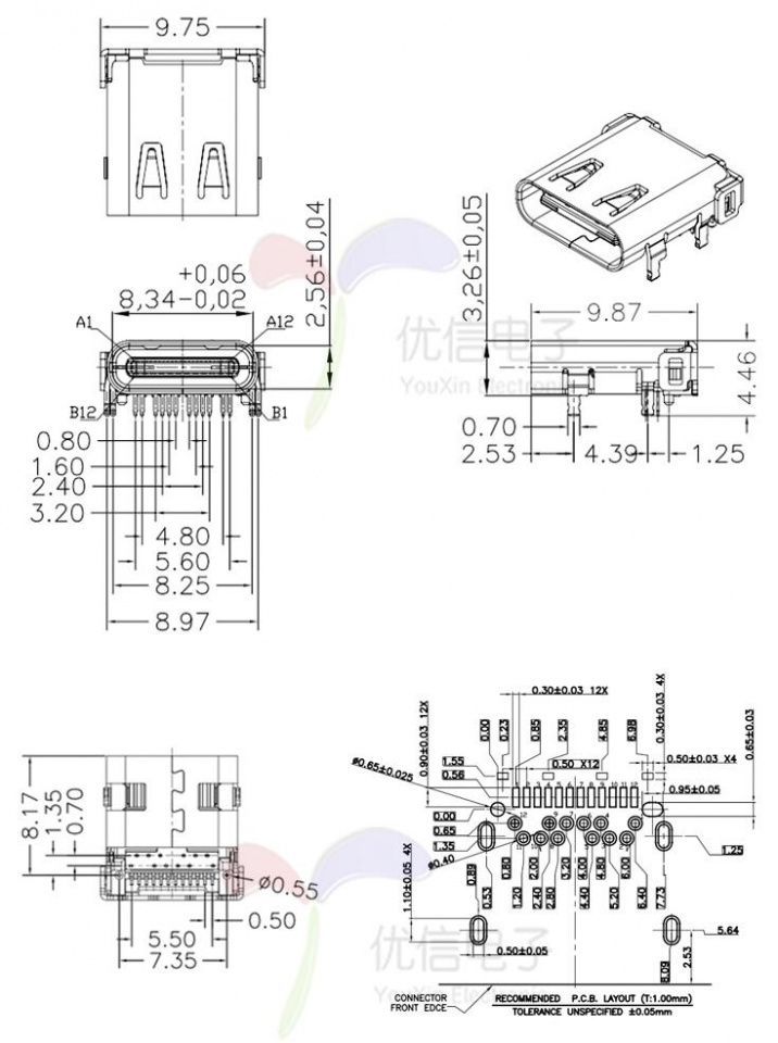 Image of USB-C connector *PANEL MOUNTABLE* (Female) 24-pin SMD-THT INFO! (IT14168)