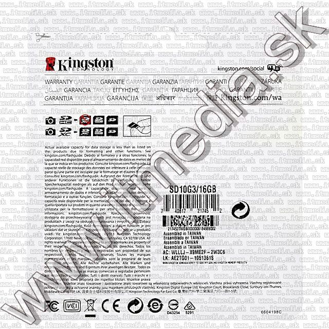 Image of Kingston Secure Digital (SD-HC) card, 16GB info! Class10 G3 (IT8868)