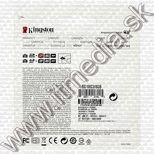 Image of Kingston Secure Digital (SD-HC) card, 8GB info! Class10 G3 (IT8869)