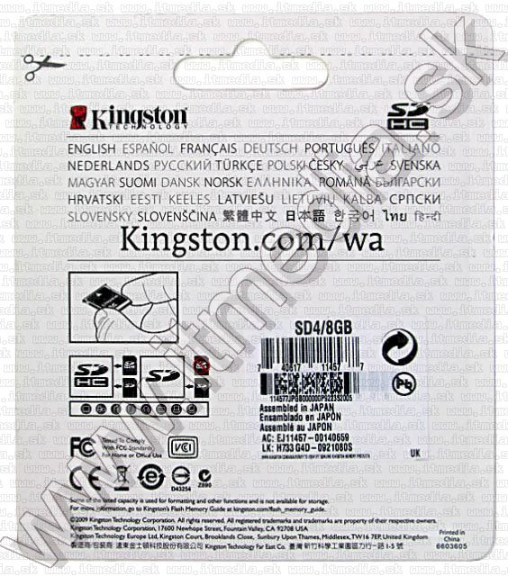 Image of Kingston SD-HC card, 8GB info! Class4 (IT5576)