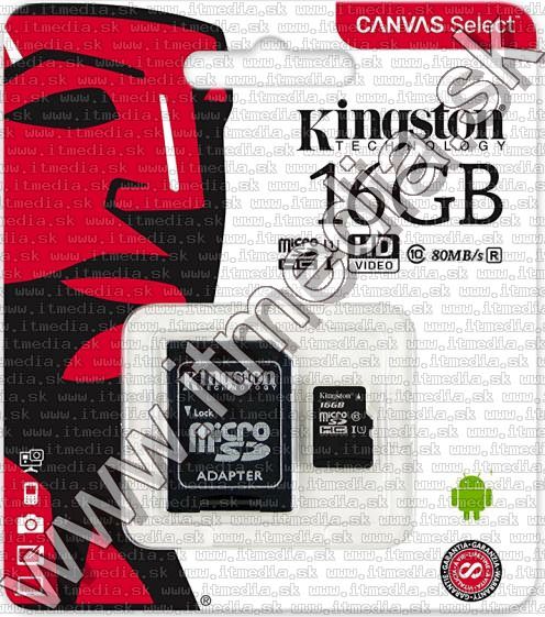 Image of Kingston microSD-HC card 16GB UHS-I U1 Class10 + adapter (80/10 MBps) Canvas Select (IT13464)