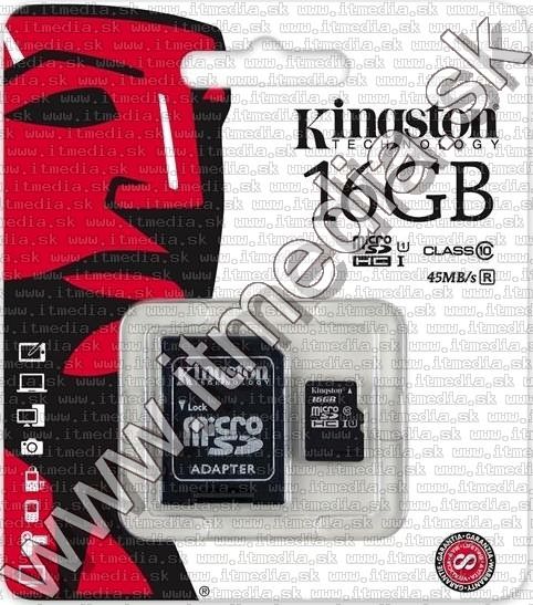Image of Kingston microSD-HC card 16GB UHS-I U1 Class10 + adapter (45/10 MBps) (IT8372)