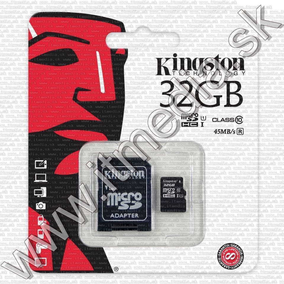 Image of Kingston microSD-HC card 32GB UHS-I U1 Class10 + adapter (45/10 MBps) (IT8589)