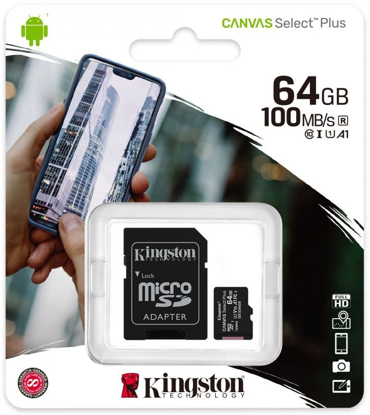 Image of Kingston microSD-XC 64GB Class10 UHS-I U1 A1 + adapter (100R/10W) Canvas Select Plus (IT14375)