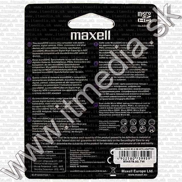 Image of Maxell microSD-HC card 8GB Class4 + adapter (IT7648)