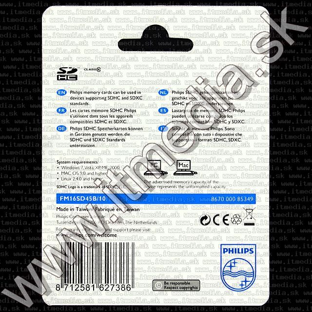 Image of Philips Secure Digital (SD-HC) card, 16GB info! Class10 (IT7528)