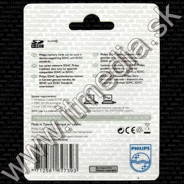 Image of Philips Secure Digital (SD-HC) card, 32GB info! Class10 (IT7664)