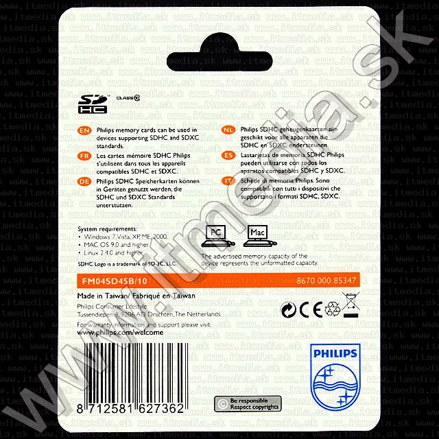 Image of Philips Secure Digital (SD-HC) card, 4GB info! Class10 (IT7527)