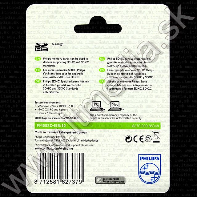Image of Philips Secure Digital (SD-HC) card, 8GB info! Class10 (IT7526)