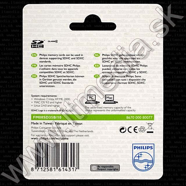 Image of Philips Secure Digital (SD-HC) card, 8GB info! Class4 (IT7548)