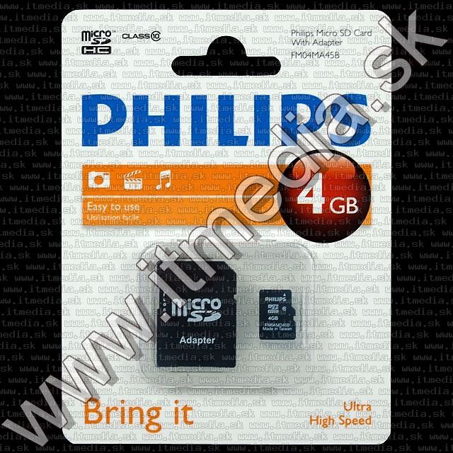 Image of Philips microSD-HC Secure Digital card 4GB +ADAPTER Class10 (IT8760)