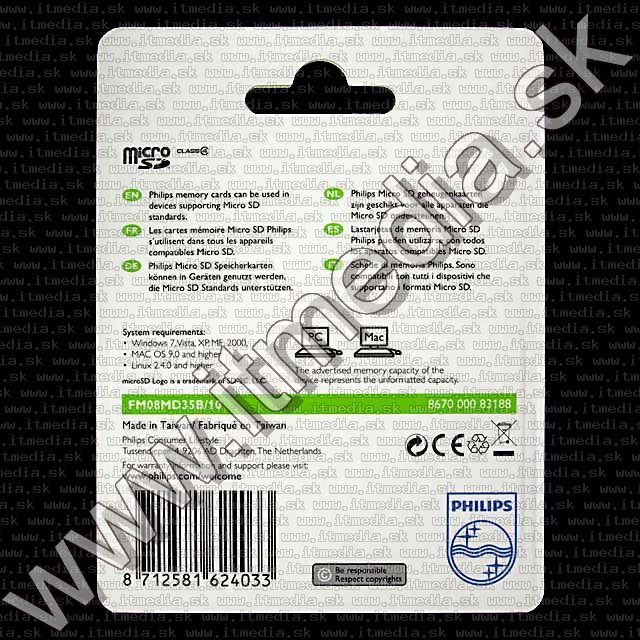 Image of Philips microSD-HC Secure Digital card 8GB INFO! (IT7633)