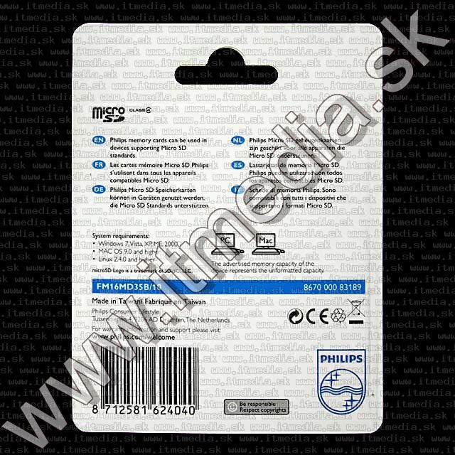 Image of Philips microSD-HC Secure Digital card 16GB INFO! (IT7636)