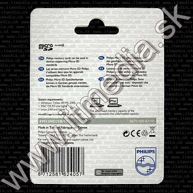 Image of Philips microSD-HC Secure Digital card 32GB INFO! (IT7635)