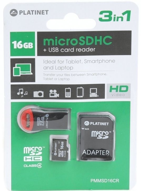 Image of Platinet microSD-HC kártya 16GB *Class10* *3 év garancia* + adapter + kártya olvasó (IT7731)