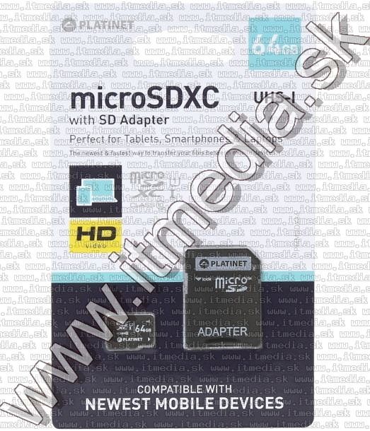 Image of Platinet microSD-XC kártya 64GB UHS-I *Class10* *3 év garancia* + adapter (IT12891)