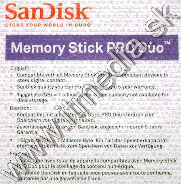 Image of Sandisk MemoryStick PRO Duo memorycard 8GB (IT3483)