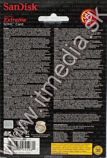 Image of Sandisk SD-HC card 8GB *Extreme III* 30MBps (IT4639)