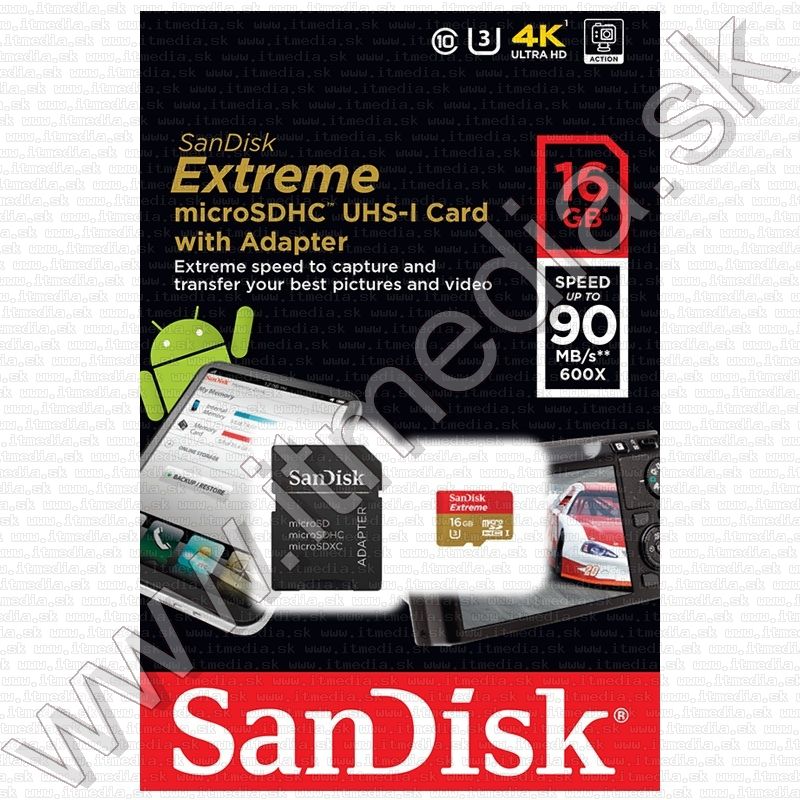 Sandisk microSD-HC kártya 16GB UHS-I U3 *Extreme CLASS10* 90MB/s + adapter (IT11627) Image of Sandisk microSD-HC kártya 16GB UHS-I U3 *Extreme CLASS10* 90MB/s + adapter (IT11627)