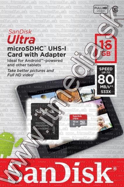 Image of Sandisk microSD-HC kártya 16GB UHS-I U1 *Mobile Ultra CLASS10 Androidhoz* 80MB/s + adapter (IT11348)