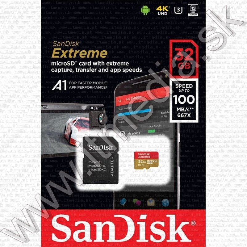 Image of Sandisk microSD-HC card 32GB UHS-I U3 V30 *Extreme GoPro* 100/60 MB/s + adapter (IT13218)