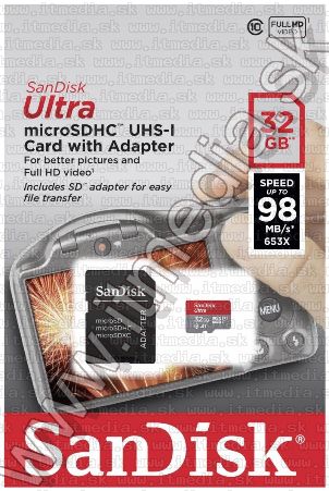 Sandisk *Ultra* microSD-HC kártya 32GB UHS-I U1 A1 98MB/s + adapter (IT13459) Image of Sandisk *Ultra* microSD-HC kártya 32GB UHS-I U1 A1 98MB/s + adapter (IT13459)