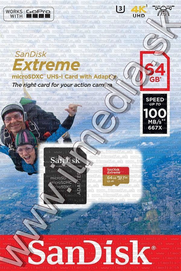 Sandisk microSD-XC card 64GB UHS-I U3 V30 *Extreme GoPro* 100/60 MB/s + adapter (IT13194) Image of Sandisk microSD-XC card 64GB UHS-I U3 V30 *Extreme GoPro* 100/60 MB/s + adapter (IT13194)