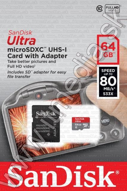 Image of Sandisk microSD-XC kártya 64GB UHS-I U1 *Ultra CLASS10* 80MB/s + adapter (IT11351)