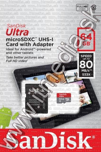 Image of Sandisk microSD-XC kártya 64GB UHS-I U1 *Mobile Ultra CLASS10 Androidhoz* 80MB/s + adapter (IT11346)