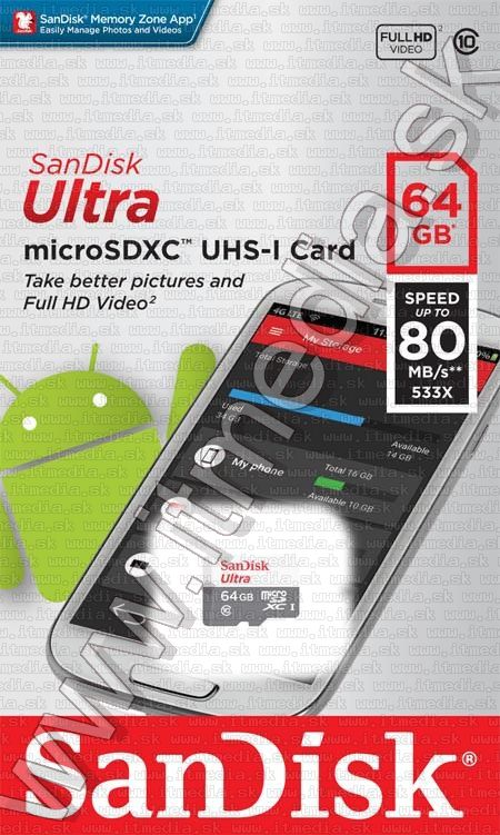 Sandisk microSD-XC kártya 64GB UHS-I U1 *Mobile Ultra Android* 80MB/s (IT13316) Image of Sandisk microSD-XC kártya 64GB UHS-I U1 *Mobile Ultra Android* 80MB/s (IT13316)