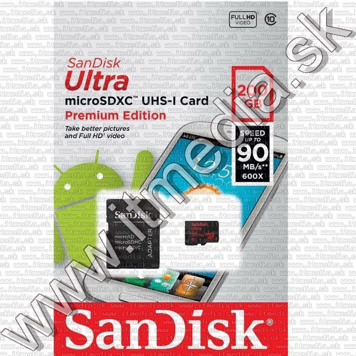 Image of Sandisk microSD-XC kártya 200GB UHS-I U1 *Mobile Ultra CLASS10* 90MB/s + adapter (IT13292)