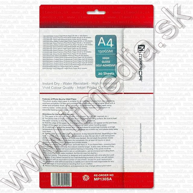 Image of Mirror --SELF-ADHESIVE-- Glossy Photo Paper A4 130g (20pk) (IT5919)