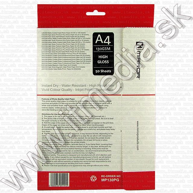 Image of Mirror Glossy Photo Paper A4 130g (50pk) (IT5913)