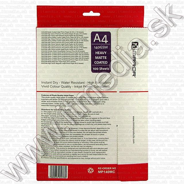 Image of Mirror Matt Photo Paper A4 140g (100pk) (IT5914)