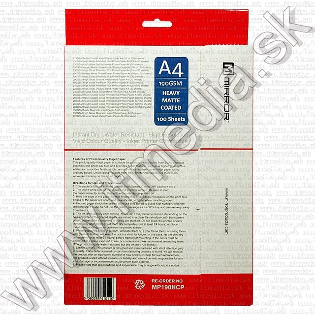 Image of Mirror Matt Photo Paper A4 190g (100pk) (IT8710)