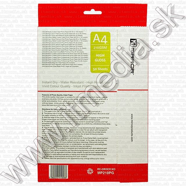 Image of Mirror Glossy Photo Paper A4 210g (50pk) (IT8708)