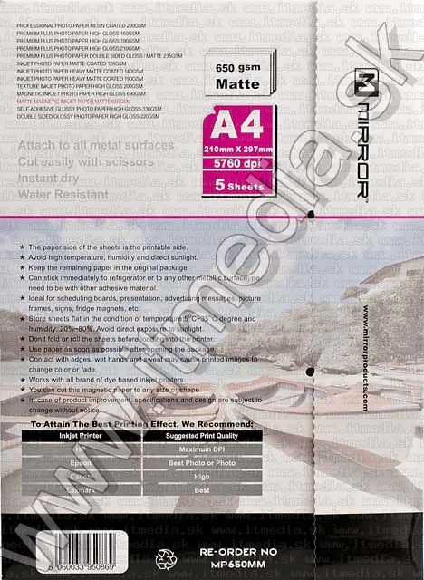 Image of Mirror **MAGNETIC** Matt Photo Paper A4 650g (5pk) (IT5121)