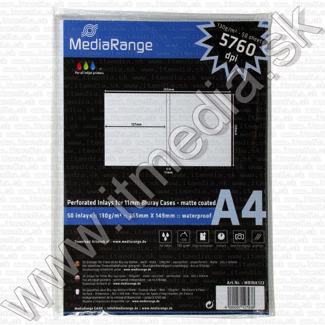 Image of Mediarange BluRay Case Inserts, Inkjet Paper, 130g, (50pk) (IT7127)