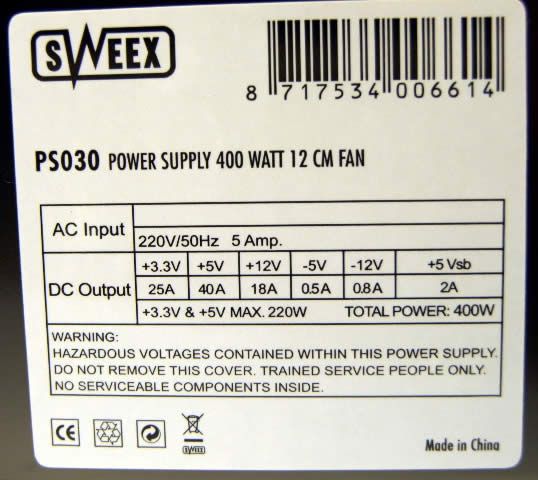 Image of Sweex PC ATX Power Supply 400 Watt (PS030) (IT3983)