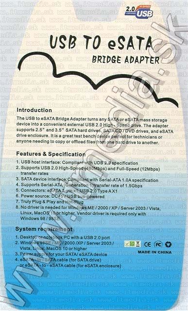 Image of IT Media USB 2.0 to eSATA bridge (IT4654)