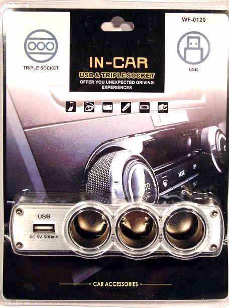 Image of Car Cigar Socket 3-way Splitter Cable with USB (IT2812)