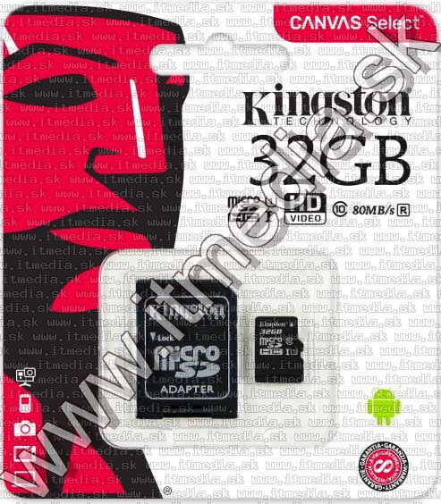 Image of Kingston microSD-HC card 32GB UHS-I U1 Class10 + adapter (80R10W) Canvas Select (IT13465)