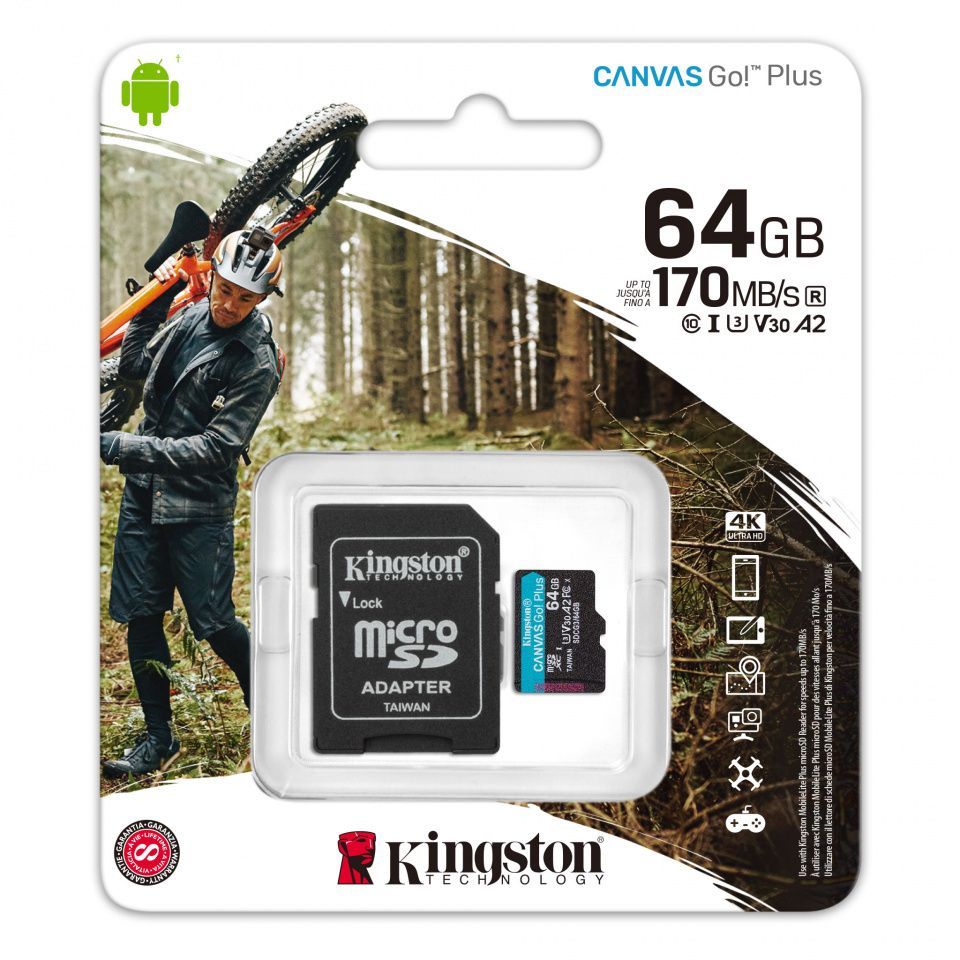 Image of Kingston microSD-XC card 64GB UHS-I U3 A2 + adapter [170R70W] Canvas Go Plus! (IT14663)