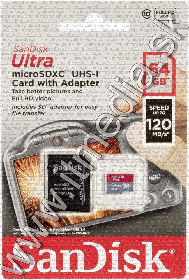 Sandisk microSD-XC kártya 64GB UHS-I U1 A1 *Mobile Ultra* 120MB/s + adapter (IT14696) Image of Sandisk microSD-XC kártya 64GB UHS-I U1 A1 *Mobile Ultra* 120MB/s + adapter (IT14696)