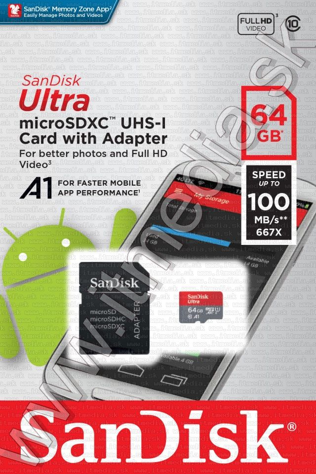 Sandisk microSD-XC kártya 64GB UHS-I U1 A1 *Mobile Ultra Androidhoz* 100MB/s + adapter (IT13408) Image of Sandisk microSD-XC kártya 64GB UHS-I U1 A1 *Mobile Ultra Androidhoz* 100MB/s + adapter (IT13408)